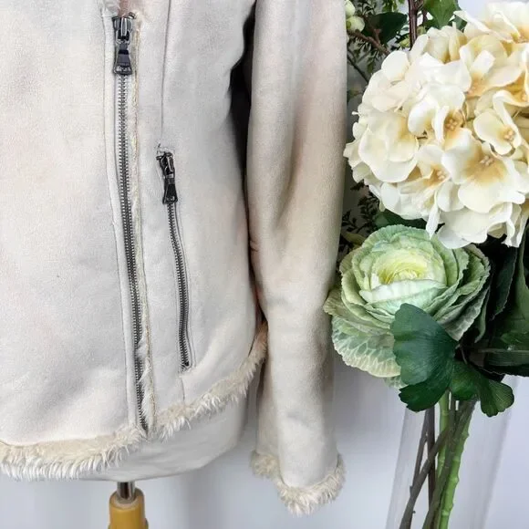 Express Faux Suede Moto Jacket Cream Shearling Collar Zip Front Large - Picture 4 of 13